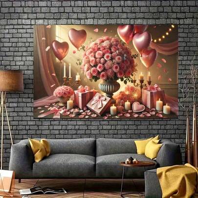 2D立体横幅 1件装 浪漫情人节涤纶派对横幅 - 独特的爱与玫瑰设计，完美适用于周年纪念日、婚礼、生日 | 多功能装饰，适用于家居、花园、工作室、车库 | 可用作摄影背景、节日背景 | 爱情主题装饰 | 涤纶面料，情人节装饰