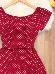 Floral Polka Dot Print With Belt And Ruffled Hem. Beachwear, Women's Fashion. - 紅色 - 查看 2