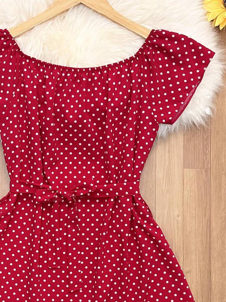Floral Polka Dot Print With Belt And Ruffled Hem. Beachwear, Women's Fashion. - 紅色 - 查看 2