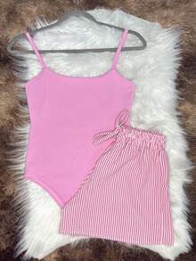 RAYSSA SET: BODYSUIT + STRIPED SHORTS, FASHIONABLE SUMMER FASHION - 粉色 - 查看 1