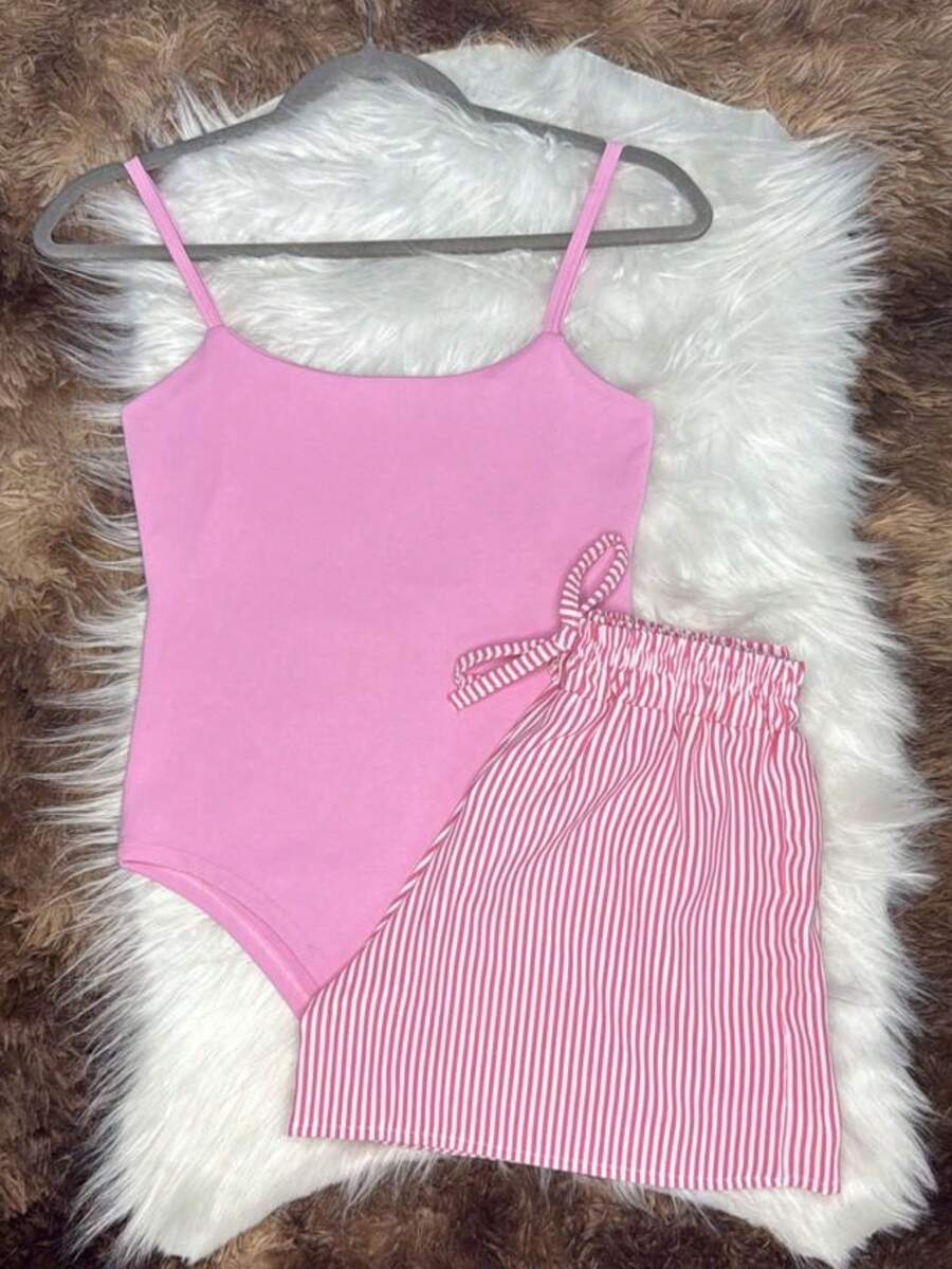 RAYSSA SET: BODYSUIT + STRIPED SHORTS, FASHIONABLE SUMMER FASHION - 粉色 - 查看 1