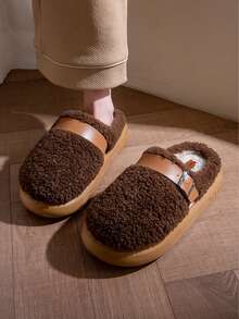 Men's Autumn/Winter New Minimalist Indoor Couple Thick Sole Warm Plush Soft Bottom Slippers,Fluffy Slippers - Coffee Brown - View 4