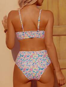 wohenmeili 休闲花卉印花高腰吊带比基尼套装，带十字交叉露背细节，高弹力两件套泳衣 - 白底藍黃粉 - 查看 5