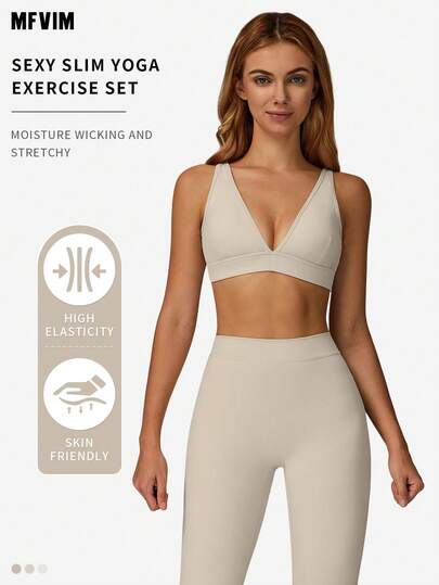 MFVIM Sports Set, Deep Neck Padded Wireless BH High Waist Flared Stretchy Pants, Slimming Wide Leg, Yoga, Pilates, Running, Com Tafel Skin Friendly Wear view 2