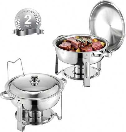 Chafing Dish Buffet Set, 5 Qt 2 Pack, Stainless Steel Chafer With 2 Full Size Pans, Round Catering Warmer Server With Lid Pan Folding Stand Clip, Weddings Parties Banquets, SilverSpecialForCanada