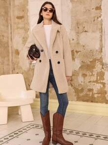 RELISH NOLESS 女士休闲仿皮草双排扣外套，秋冬季 - 杏色 - 查看 2