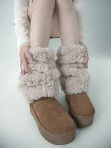 1 par de calentadores de piernas acogedores con forro polar de piel de conejo falsa, gruesos y cálidos para el invierno y el otoño, con estilo Y2K para mujeres - Multicolor - Ver 6