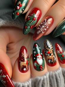 Add A Touch Of Romance With Christmas Nail Art 24pcs Medium To Long Press Nail Classic Red And Blue Color Scheme Nail Stickers, Cartoon Cute Christmas Reindeer, Santa Claus, Green Plant Flower Fruit, White Snowflake Pattern, Autumn And Winter Atmosphere Almond Nail, Suitable For Office Ladies, Sweet Girls, Festivals, Campuses, Parties, Christmas Daily Nail Decoration - Multicolor - View 1