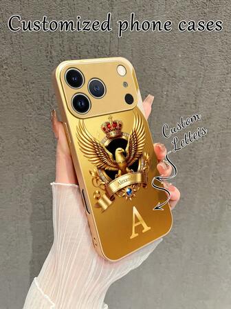 1pc Customized 26 Letter Name High Definition Gold Glass Phone Case With Eagle Pattern, Compatible With IPhone 17 Pro Max/16 Pro Max/15/14 Plus/13 Pro/12 Pro Max/11/Xs Max/8/7/6 Plus, S24 Ultra/S25 Ultra, Fashionable, Colorful, Cute, Fun, Minimalist, Matching Phone Case