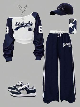 Tween Girl 字母图案印花不对称领口运动衫和运动裤套装