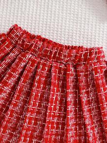 2 件套女孩时尚淑女装，春/秋，V 领纽扣长袖夹克，松紧腰裙，优雅、甜美、舒适、独特、迷人的女孩派对礼服套装 - 紅色 - 查看 6