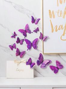 12pcs 3D Butterfly Sticker, Plastic Wall Art Decoration Magnet Butterfly For Home Decor, Stickers, Wall Decal, Vinyl Decal For Home Decorations, Spring Decoration Items Refresh Your Home, Festival Decoration Stickers Gifts Birthday Graduation - Màu tím - Xem 2