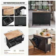 Kitchen Island Cart, 50 Wood Top Breakfast Bar With Trash Cabinet Tilt Out 10 Gallon Storage, Farmhouse Dining Living Room Table With Drop Leaf, Towel Bar, Drawer, Black - 50吋-黑色 - 查看 2