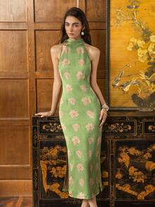 Faeriesty ​Sườn xám phong cách Trung Hoa mới thanh lịch dành cho phụ nữ: Cổ cao, thiết kế không tay với đường xẻ bên quyến rũ và chi tiết buộc có thể điều chỉnh - Lý tưởng cho bữa tối Gala, đám cưới trang trọng, tiệc chiêu đãi kinh doanh và tiệc chiêu đãi sang trọng​ - màu xanh lá - Xem 6