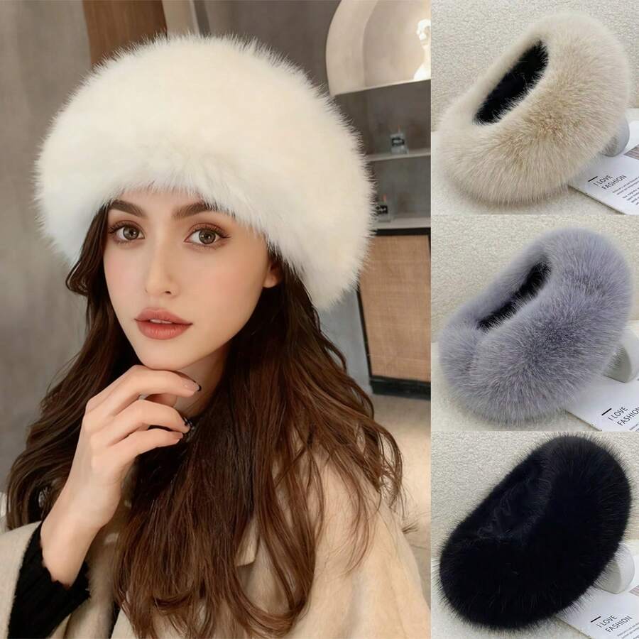 纯色涤纶蓬松仿毛皮发带，加厚仿狐狸毛帽圈，女士保暖假发带，秋冬女士头巾冬季发饰优雅头巾女士围巾 - 彩色 - 查看 1