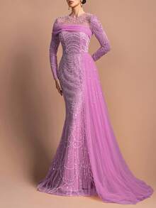 Đầm dạ hội dài tay cổ tròn đính cườm sang trọng dành cho nữ - Cổ áo đính ngọc trai, vạt voan bất đối xứng và chân váy đuôi cá ôm sát | Hoàn hảo cho các bữa tiệc trang trọng, dạ hội và đám cưới | Kết hợp với trang sức bắt mắt và giày cao gót quai mảnh để có vẻ ngoài rạng rỡ cho năm mới. - Bụi hồng - Xem 3