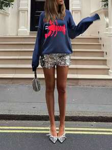 GLOpass Women's Autumn/Winter Casual Commuter Cute Lobster Pattern Relaxed Knit Sweater, Round Neck Pullover Oversized Knitwear Top