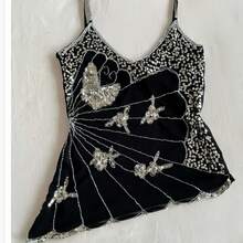 Women Y2k Fairy Sequin Butterfly Cami Tops Sleeveless Spaghetti Strap Mesh Sheer Crop Tank Tops See Through Camisole Summer Slim Fitted Shirt Vintage Aesthetic Clothes 2000S Streetwear - 黑色 - 查看 2