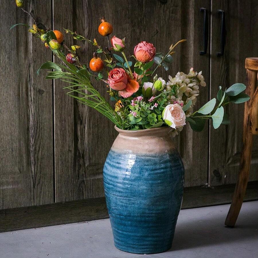 Blue Floor Vase Ceramic Glazed Large Vase For Modern Farmhouse Home Decor Rustic Terracotta Pottery Vintage Clay Vase For Living Room Entryway Centerpiece - BlueFloorVase - View 1