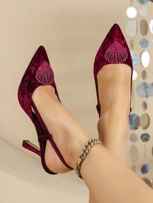 Women's Burgundy Velvet Crystal Shell Decor Pointed Toe Stiletto High Heels, European And American Style For Evening Party,Wedding Outfits - Burgundy - View 2