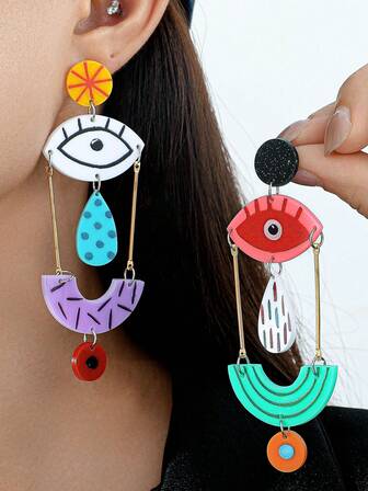 1 Pair Acrylic Earrings, Unique Vintage Fish Eye & Leaf Print Earring Accessories