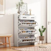 Schuhschrank mit 3 großen Klappen und 2 Schubladen, Holz, Aufbewahrungsmöbel für Eingangsbereich und Wohnzimmer, Schuhregal mit Klappen und Schubladen,B80/T23.5/H131 cm - Weiss - Übersicht 3