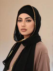 1条奢华金色刺绣装饰黑色头巾,优雅复古风格女士头巾,时尚披肩围巾,适合休闲聚会、旅行装扮等场合。 - 彩色 - 查看 11