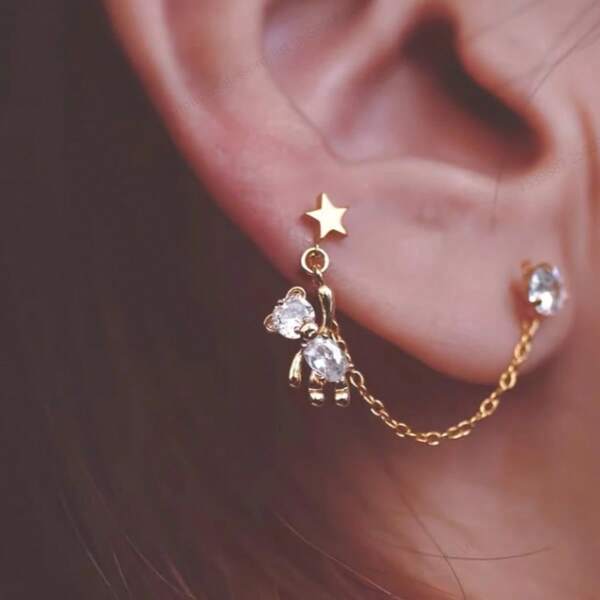 1pc Cute Bear Earrings With Star Ear Cuff, Fashionable And Elegant For Women