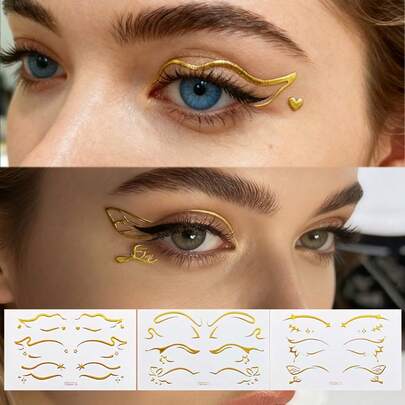 3张3D金色眼线贴纸 面部纹身贴纸 身体化妆 音乐节 服装派对 眼部装饰