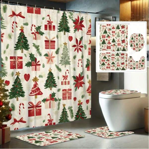 4pcs Christmas Holiday Bathroom Set, Includes Waterproof Polyester Shower Curtain, Non-Slip Bath Mat, U-Shaped Toilet Lid Cover, And Contour Rug, Machine Washable, With 12 Hooks, Poinsettia And Holly Design - Decorative Christmas Bathroom Accessories