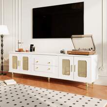 Low Cabinet, Retro-Style TV Stand: Gold Handles, Plenty Of Storage Space. With A Glass Door And Solid Wood Legs. - 白色+刨花板+70-79英寸 - 查看 5