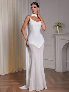 Women Solid Valentine Dress Bodycon Bandage Dress Strapless Mesh Maxi Dresses,Sexy Backless,See Through,Elegant Dress With Scarf,Celebrity Evening Runway Party Dresses, Women Evening Gown,Christmas Dress,New Year Dress For Women