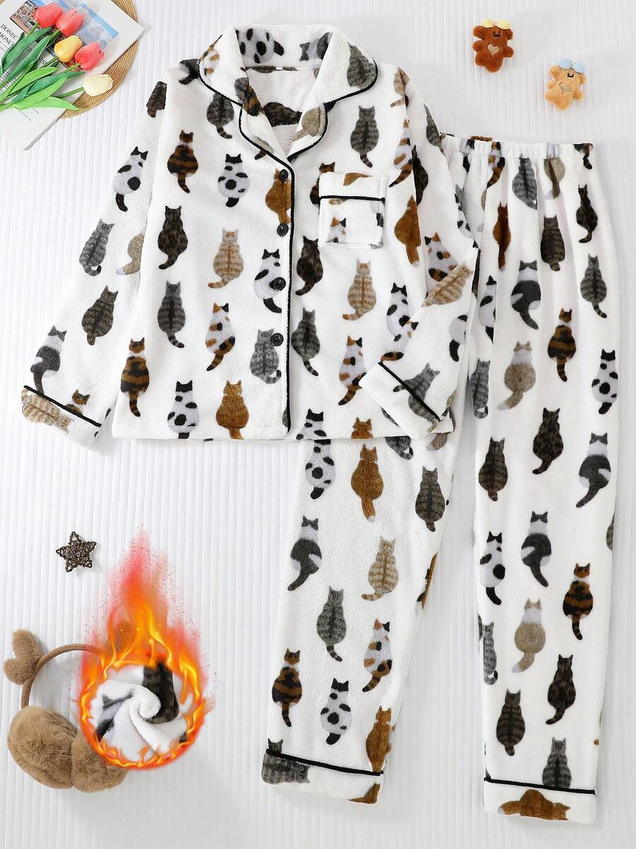 2 piezas Conjunto de pijama de franela para mujer, parte superior con cierre de botones de solapa de manga larga, pantalón largo, ropa de casa gruesa y cálida para otoño/invierno, estampado de gatitos en todo el diseño, ropa cómoda