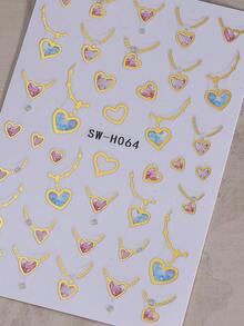 2片浪漫项链造型美甲贴纸，闪亮亮片爱心3D自粘美甲贴花，金属粉蓝爱心美甲DIY装饰，适合女性、女孩，情人节和婚礼美甲设计用品 - 彩色 - 查看 5