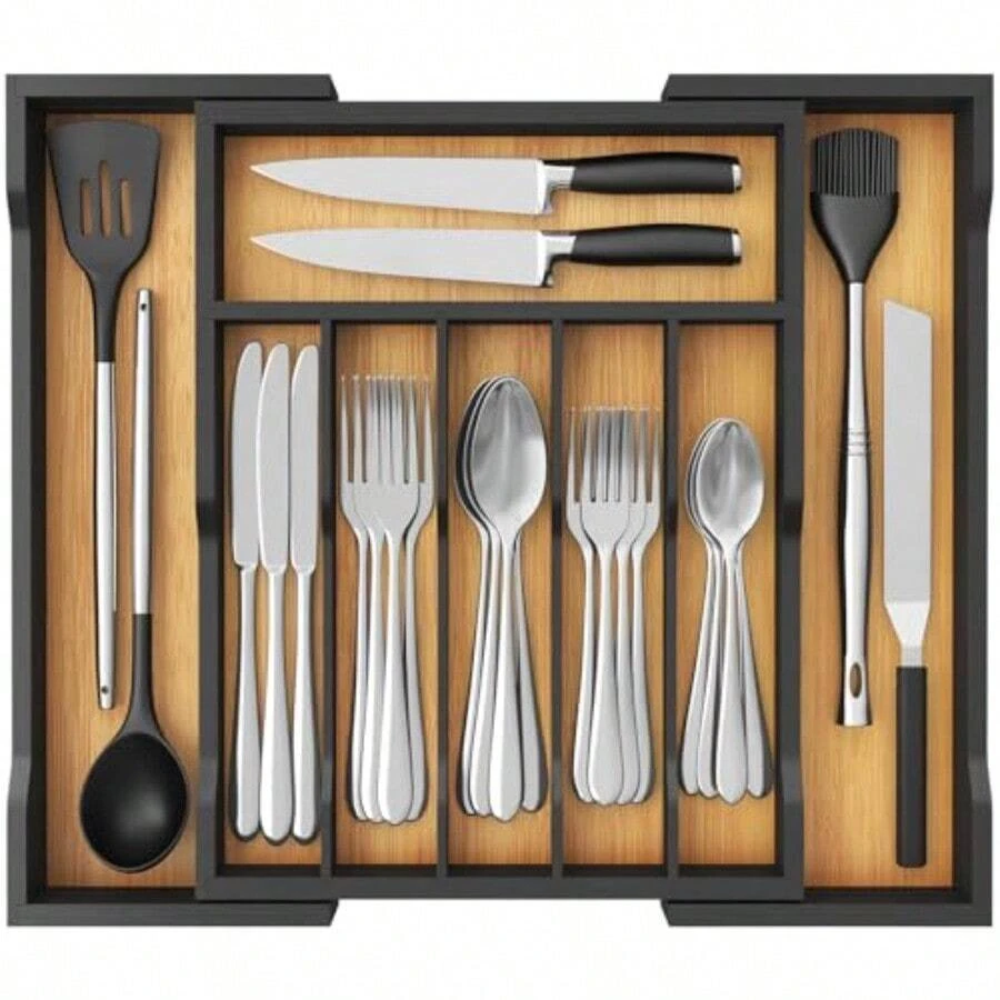 TFKI Silverware Drawer Organizer Bamboo Utensil Tray For Kitchen Expandable Flatware And Cutlery Holder Adjustable Storage For Spoons Forks Knives Large Natural And Black - Đen tự nhiên - Xem 1