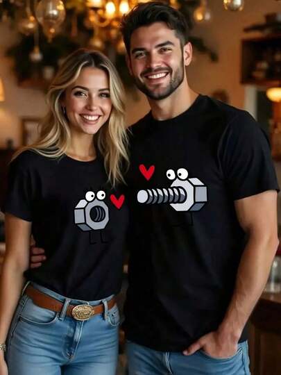 Camisetas a juego para parejas - Conjuntos románticos y divertidos con diseño de conexión de perno y corazón, camisetas blancas transpirables para citas, aniversarios, regalos diarios para parejas - Ropa de pareja lavable a máquina, camisetas a juego para parejas, regalos de aniversario, ropa casual para parejas, ajuste cómodo, camiseta con estampado gráfico, amantes de la ropa casual