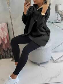 女士休闲优雅卫衣，纯色，带拉链和郁金香下摆，适合秋季穿着，黑色 - 黑色 - 查看 4