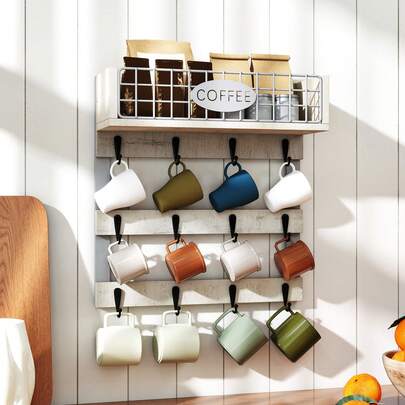 BALCONERA Portabicchieri da parete in legno con 12 ganci e corrimano, organizer per bicchieri 40*12*42 cm