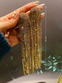 Andkiss Rhinestone Tassel Drop Earrings - Yellow Gold - View 3