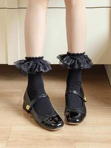 1 Paar Damen Spitzen-Crew-Socken, verschiedene Stile, geeignet für Frühling/Herbst, Koreanischer/Mori-Mädchen/Kawaii-Stil, passend zu Loafers/Ankle Boots - Schwarz und Weiss - Übersicht 9