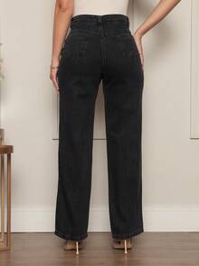 Women's Wide Leg Jeans, Marbled Pattern, Thick Premium Fabric, 100% Denim - 燧石 - 查看 4