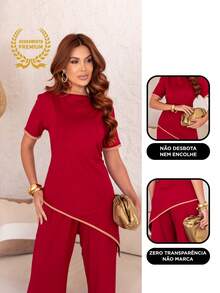 Maria do Luxo Women's Sweatshirt Set, Blouse And Pants With Pockets - Red - View 5