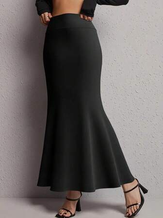 JOVI SHEEN Women's Elegant High-Waisted A-Line Long Skirt - Retro Style With A Cinched Waist, Elastic Waistline, Solid Black Color, Structured Skirt Suitable For Both Casual And Formal Occasions, Spring And Summer Elegant Long Skirt (Hand-Washable), Office Wear, Elastic Fabric, Comfortable And Form-Fitting