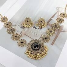 Bollywood Jewelry Sets Women Wedding Party Jewelry Flower Tassel Beaded Dangle Earring Oxidized Choker Necklace Gold-Tone Plated Zirconia Jhumkas Chandelier Earrings Boho Jewelry - 黑色 - 查看 3