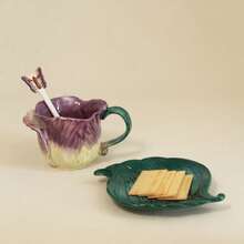 1 Set Handpainted Floral Ceramic Tea Cup & Saucer, 3D Sculpted Rose, Tulip, Daisy Flower Coffee Mug, 1pc 150ml(5oz) Cup With Handle, 1pc Leaf Plate, 1pc Butterfly Spoon, Unique Home Decor, Valentines, Mother's Day, Christmas Gift