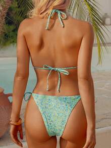 wohenmeili Bộ bikini gợi cảm buộc dây cổ họa tiết hoa nhí mùa hè dành cho nữ - Nền xanh nhạt với hoa xanh - Xem 5