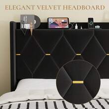 SHA CERLIN Full/Queen/King Velvet Upholstered Bed Frame With Charging Station, Modern Wingback Storage Headboard, Diamond Stitched & Gold Trim, No Box Spring Needed, Easy Assembly, Black - 黑色 - 查看 4