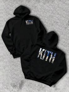 2026Men's Cozy Hoodie With Graphic KITH Design Stylish Urban Casual Sweatshirt With Blue And White Building Detail Pattern,Comfortable FitLoose And Comfortable,Casual And Easy-Goin,Valentine's Day Hoodie For Couples,New Years Outfit Women - màu đen - Xem 1