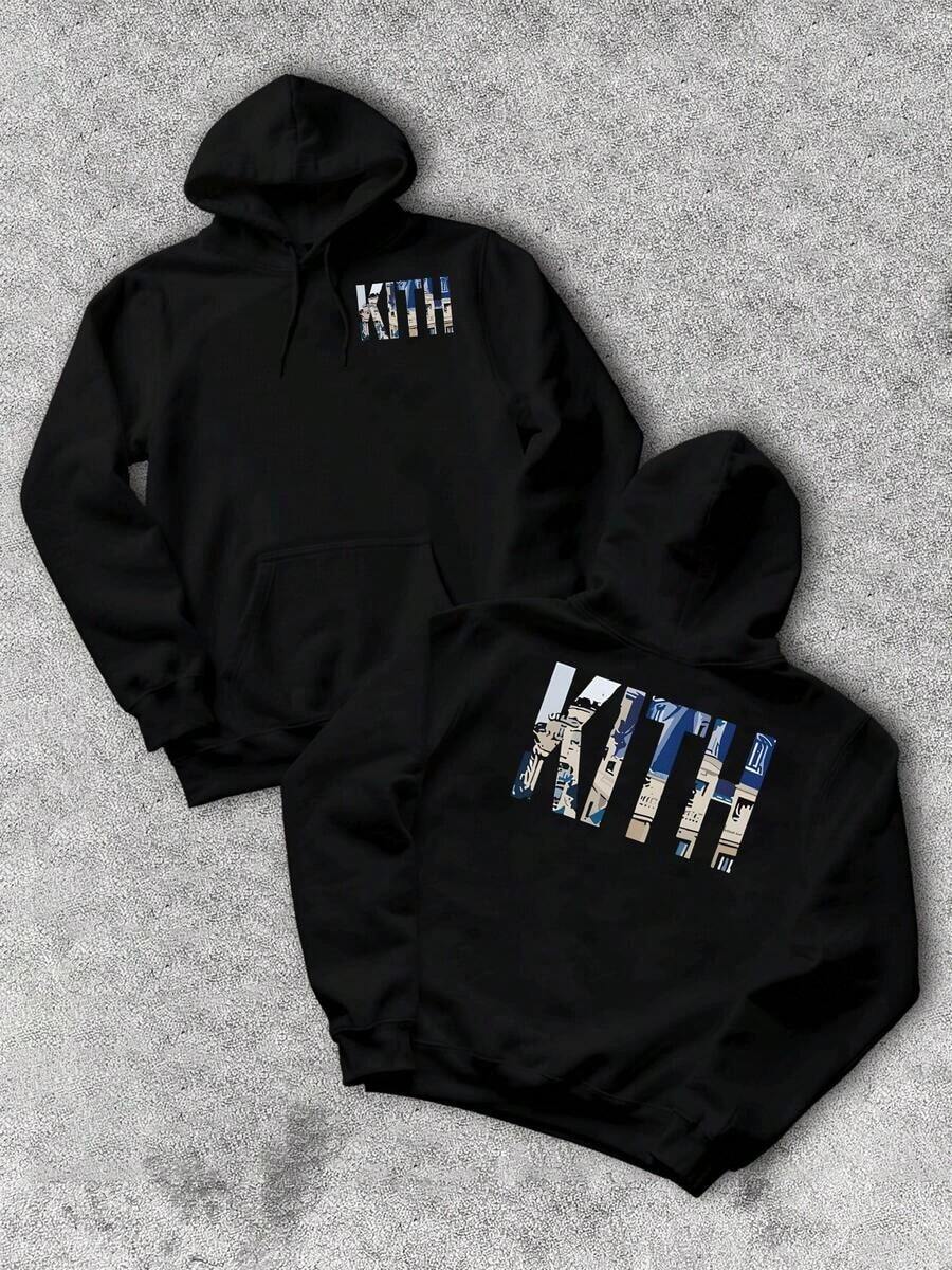 2026Men's Cozy Hoodie With Graphic KITH Design Stylish Urban Casual Sweatshirt With Blue And White Building Detail Pattern,Comfortable FitLoose And Comfortable,Casual And Easy-Goin,Valentine's Day Hoodie For Couples,New Years Outfit Women - màu đen - Xem 1