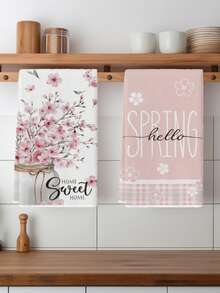 2Pcs Watercolor Pink Cherry Blossom Vintage Victorian Style Worn Rose Blue And White Porcelain Flower Orange Soda Pattern Kitchen Towels Farmhouse Farm Decoration Kitchen Dishcloth Holiday Party Supplies Bathroom Hand Towels For Dining Room Tables - Pink - View 5